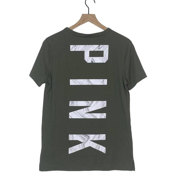 PINK Victoria's Secret Logo Open Neck Olive Green Shirt Top Women's XS - Picture 2 of 8